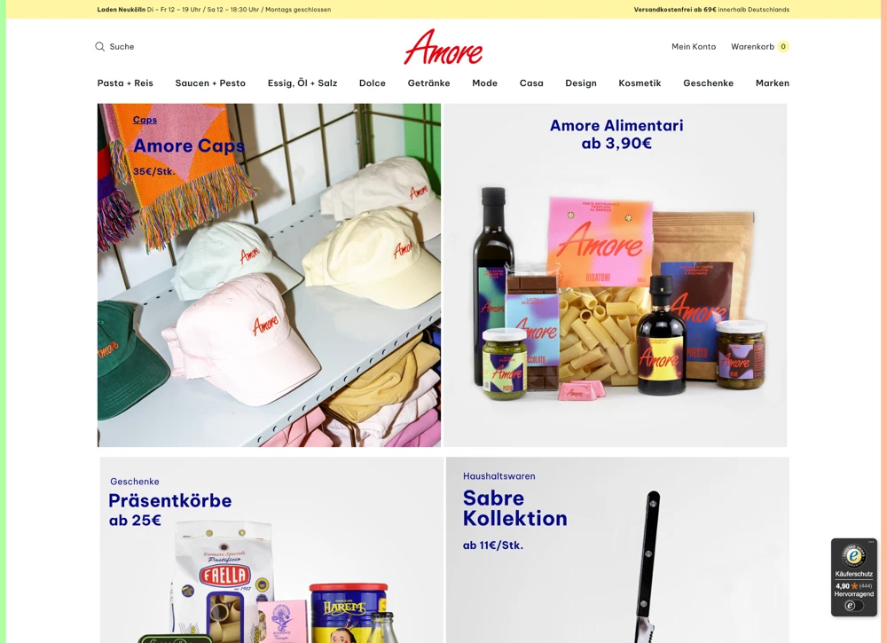 Amore Onlineshop mit italienischen Lebensmitteln und Designprodukten